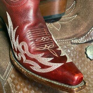 Shyanne Red Heeled Boots with Intricate Stitching and Pointed Toe